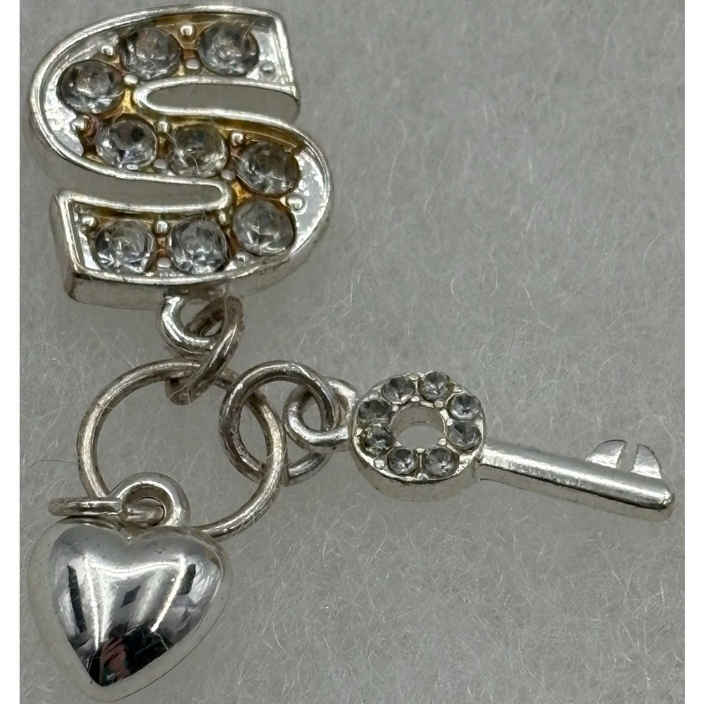 Vintage "S" Initial Pendant with Key & Heart Charms –‎ Clear Rhinestones
